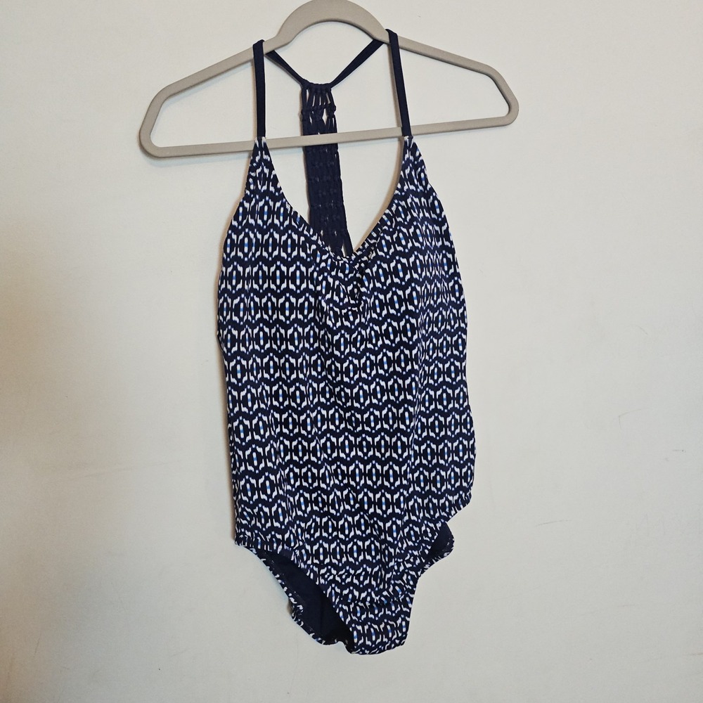 Time And Tru Navy White Nautical Macrame Back One Piece Swimsuit Large Resort